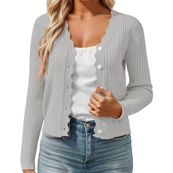 Bibifish Womens Cardigans Sweaters Fall Short Scallop Collar Knit Cardigans Elegant Lightweight Comfortable Casual Oversized Layering Tops