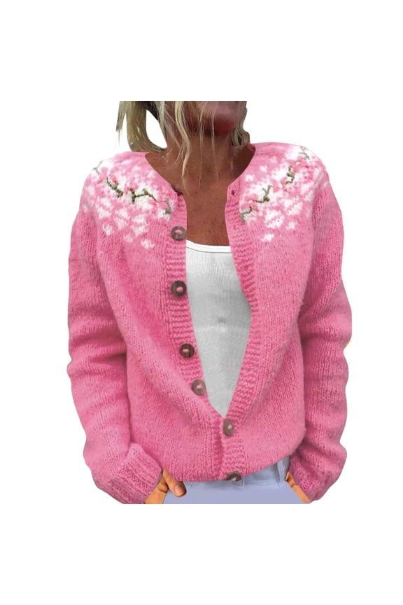 Womens Cardigans Sweaters Floral Graphic Pattern Long Sleeve Crewneck Knit Cardigans Front Soft Lightweight Oversized Outerwear Tops