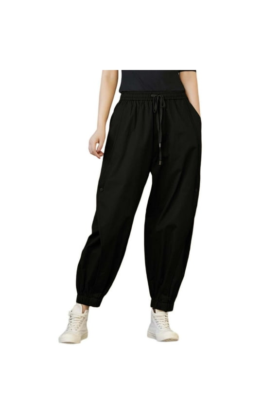 Womens Cargo Jogger Pants Elastic Waist Ankle Length Jogger Side Button Detail Side Pockets Loose Fit Hiking Outdoor Activities Cargo Joggers