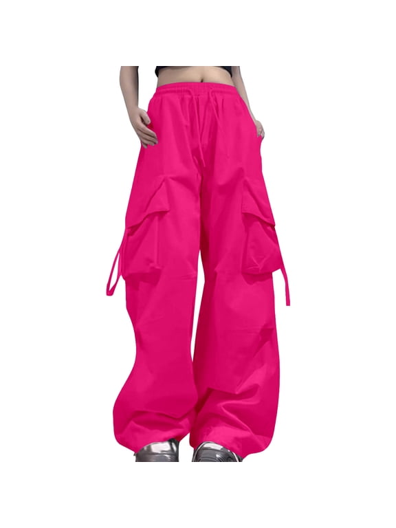 Womens Cargo Pants Drawstring With Big Patch Pockets Tie Work Pants Baggy Wide Leg Loungewear Pants 3Xl Hot Pink