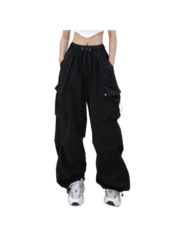Womens Cargo Pants Elastic Waist Drawstring With Big Patch Pockets Baggy Wide Leg Cargo Pants 3Xl Black