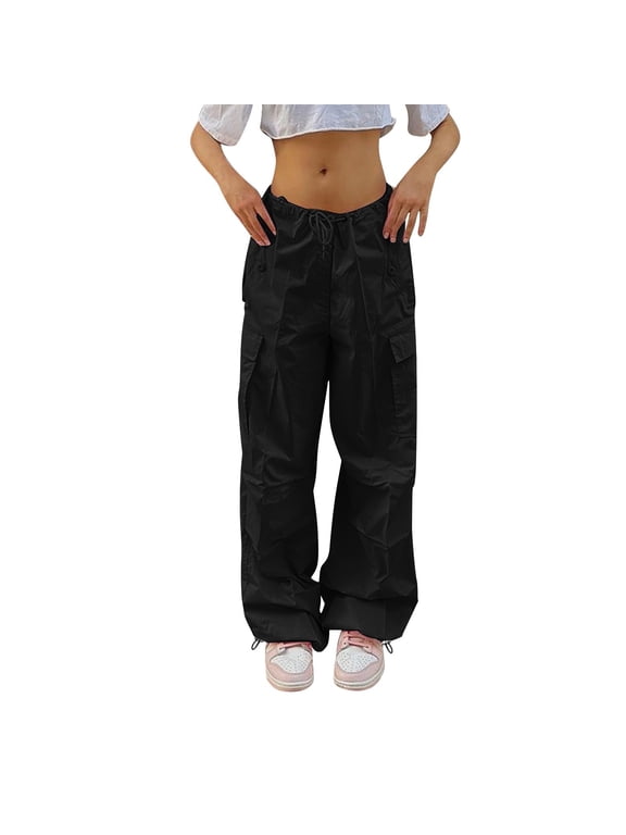 Womens Cargo Pants Elastic Waist Drawstring With Big Patch Pockets Baggy Wide Leg Utility Pants M Black