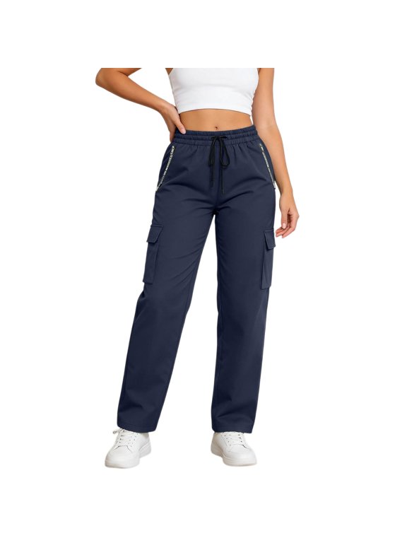 Womens Cargo Pants Straight Leg Zip Pockets Drawstring Baggy Pants Lightweight Outdoor Climbing Trousers With Pockets