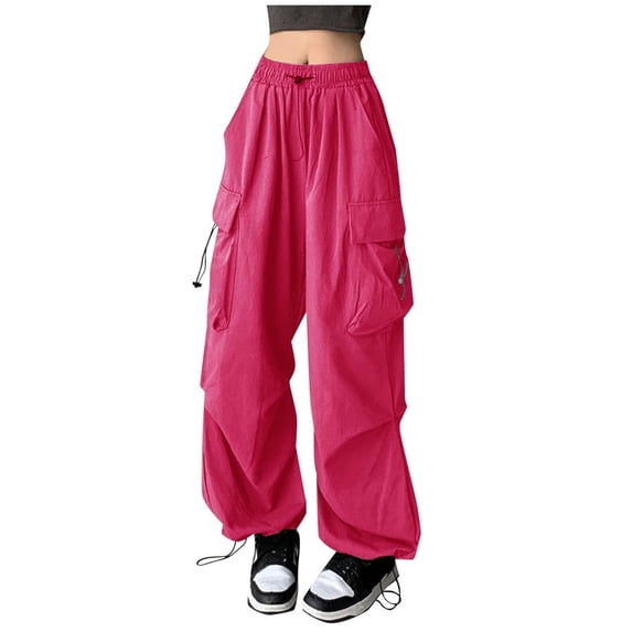 Bibifish Womens Cargo Pants Summer Solid Color Drawstring Elastic Pants Baggy Streetwear Hop Oversized Joggers Sweatpants With Multi-Pants