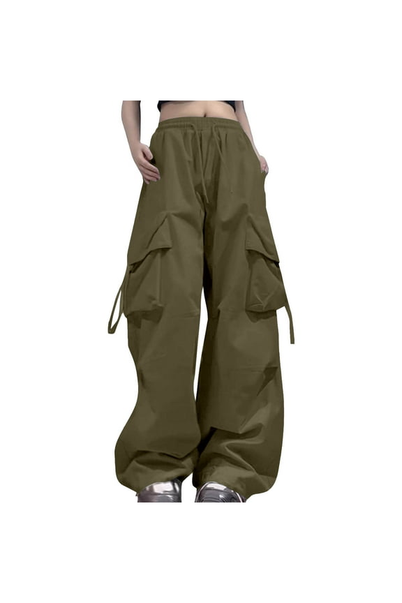 Womens Cargo Wide-Leg Pants Drawstring Waist Tie Detail Patch Pants Pockets Oversized Fit Casual Outdoor Camping Hiking Practical Trendy Pants