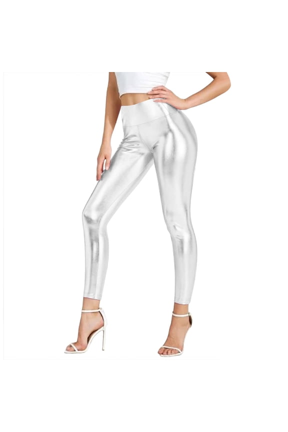 Womens Carnival Shiny Leather Leggings High Waist Tummy Control Stretchy Dance Pants Glossy Metallic Tights Casual Clubwear