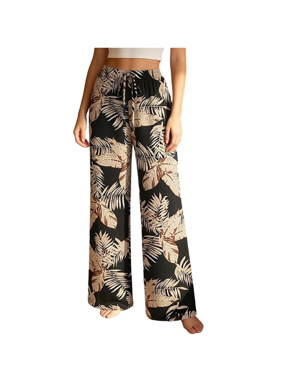 Womens Casual Wide Leg Palazzo Pants High Waisted Tropical Palm Leaf Print Drawstring Relaxed Fit Pants With Pockets