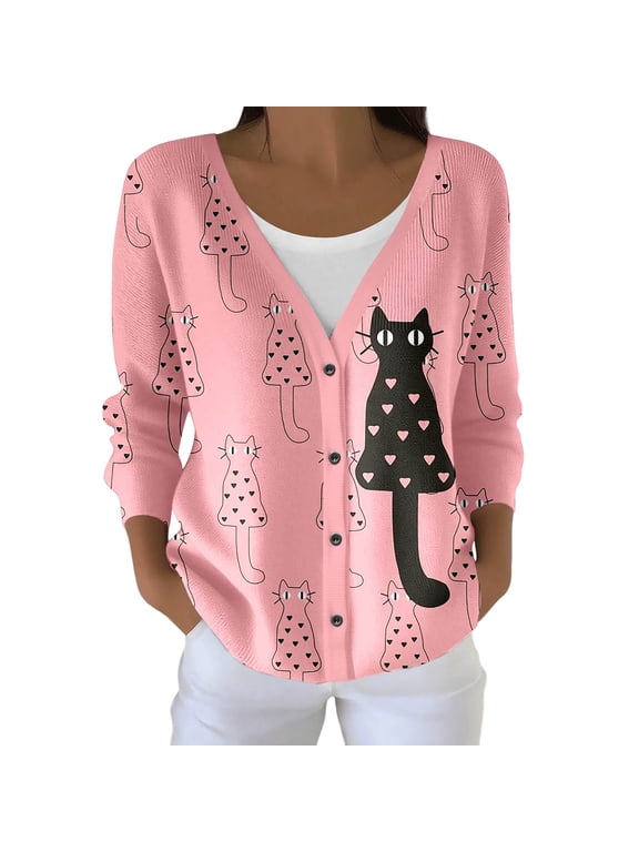 Womens Cat Print Cardigan Sweaters Long Sleeve V Neck Button Front With Pockets Cardigans
