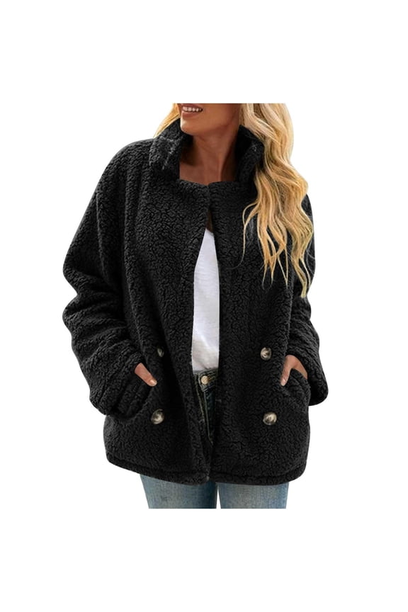 Womens Coats Black Double Button Down Side Pocket Jackets Loose Fit Warm Cozy Casual Daily Wear Cold Weather Stylish Coats