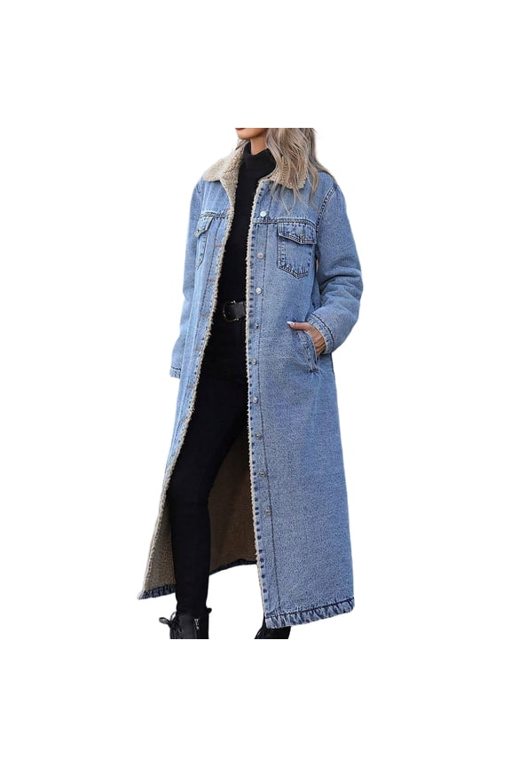 Womens Coats Denim Lined Button Down Multiple Pocket Long Length Jackets Warm Stylish Casual Cold Weather Daily Outings Coats