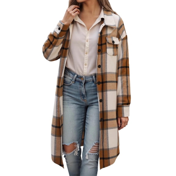 Bibifish Womens Coats Plaid Button Down Chest Pocket Long Length Coats Relaxed Fit Warm Soft Casual Daily Wear Commute Stylish Coats