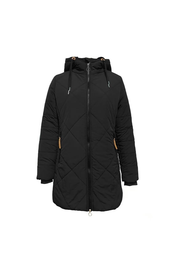 Womens Coats Quilted Diamond Pattern Hooded Full Zip Up Coats Drawstring Long Length Warm Thick Casual Cold Weather Outdoor Coats