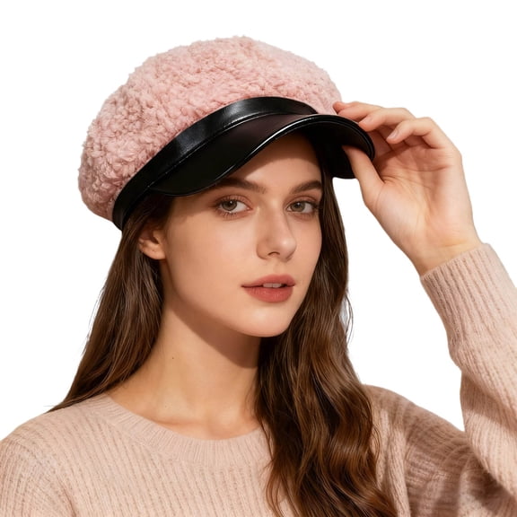 Bibifish Womens Color Block Newsboy Cap Cream Shearling & Black Leather Mixed Material Detail Cap Warm Adjustable Casual Winter Fashion Cap