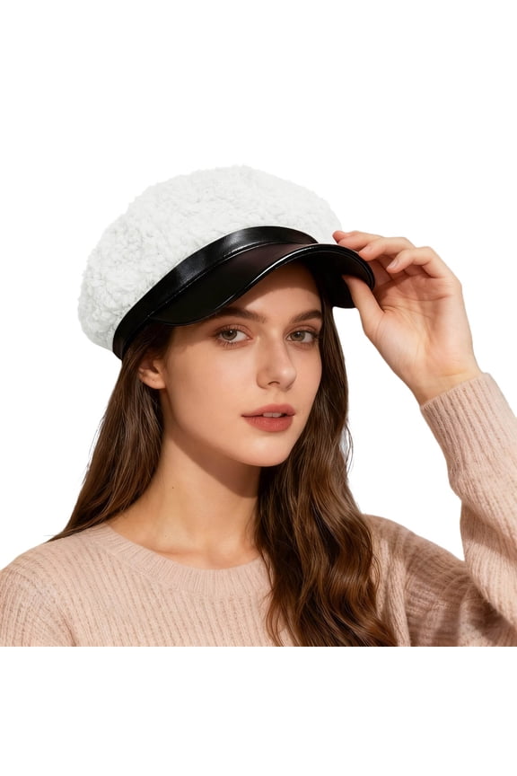 Womens Color Block Newsboy Cap Cream Shearling & Black Leather Mixed Material Detail Cap Warm Adjustable Casual Winter Fashion Cap