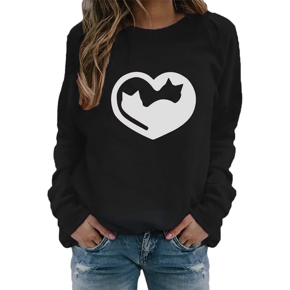 Bibifish Womens Crewneck Sweatshirts Valentines Day Casual Love Cat Printed Long Sleeve Sweatshirts Autumn Winter Casual Pullover