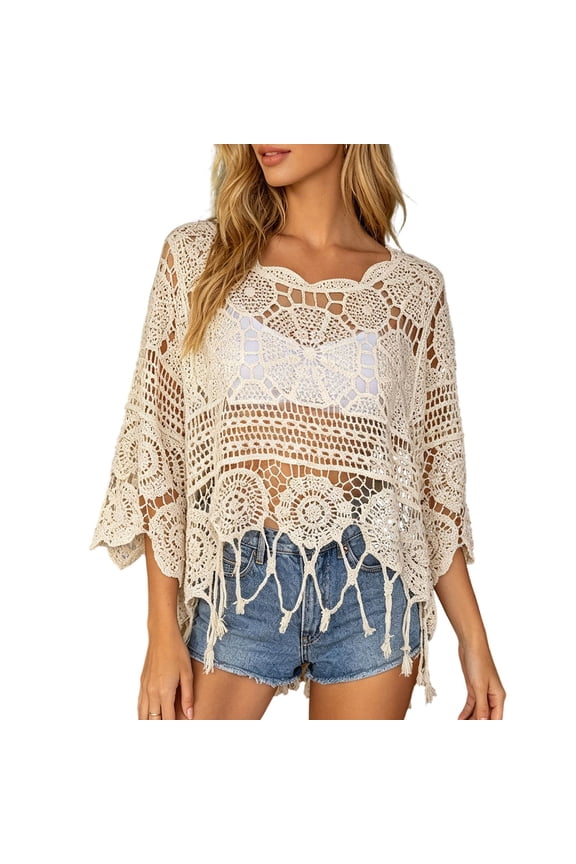 Womens Crochet Top Round Neck 3/4 Sleeve Loose Fit Tops With Lace Fringe Hem Boho Style Summer Cover Ups