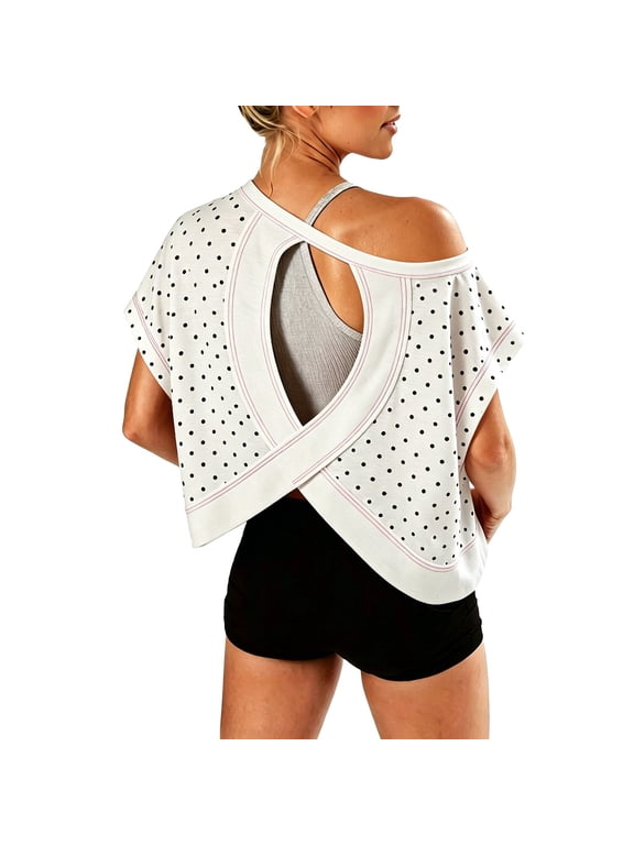 Womens Crop Top Polka Dot Crisscross Back Cutout Athletic Tee Off Shoulder Short Sleeve Active Blouse