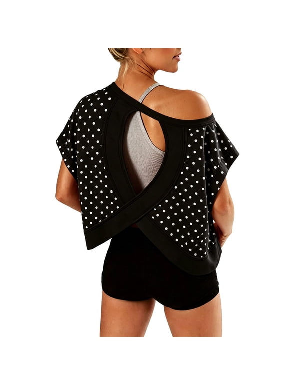Womens Crop Top Polka Dot Crisscross Back Cutout Athletic Tee Off Shoulder Short Sleeve Active Blouse