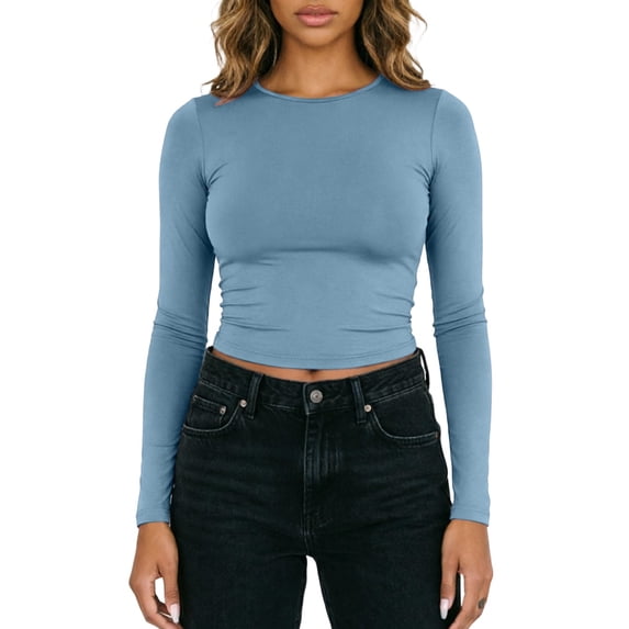Bibifish Womens Cropped T-Shirt Long Sleeve Slim Fitted Tee Stretchy Soft Crew Neck Layering Top Fall Undershirt