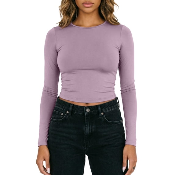 Bibifish Womens Cropped T-Shirt Long Sleeve Slim Fitted Tee Stretchy Soft Crew Neck Layering Top Fall Undershirt