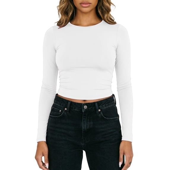 Bibifish Womens Cropped T-Shirt Long Sleeve Slim Fitted Tee Stretchy Soft Crew Neck Layering Top Fall Undershirt