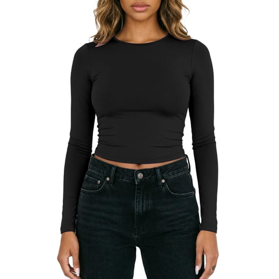 Bibifish Womens Cropped T-Shirt Long Sleeve Slim Fitted Tee Stretchy Soft Crew Neck Layering Top Fall Undershirt