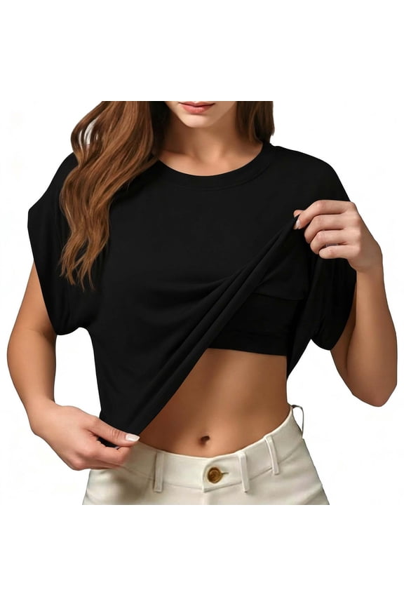 Womens Cropped T-Shirts Summer Cap Sleeve Crew Neck Sleek With Inner Layer Wrap Padded Tee Trendy Vacation Daily Casual Tops