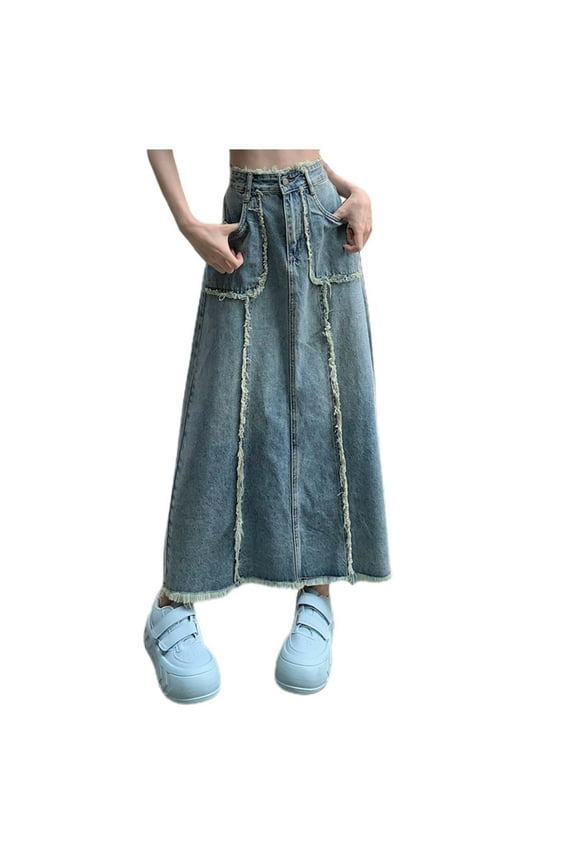 Womens Denim Skirts Vintage Frayed Patch Bodycon A Line Denim Skirts Midi Straight Skirts Zip Up Summer Street Casual Wear