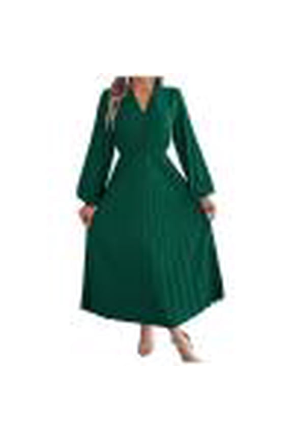 Womens Dress Autumn Winter Elegant Triple V Neck Long Sleeve Waist Tie Pleated Long Maxi Dress Formal Party Evening Gown