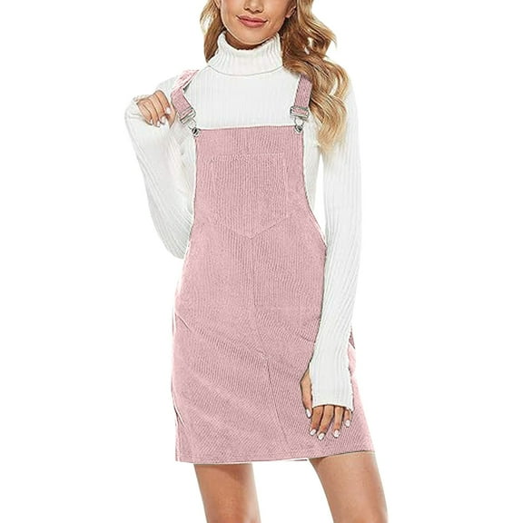Bibifish Womens Dresses Corduroy A Line Mini Dresses Adjustable Button Strap Dresses With Pockets Elegant Autumn Winter Plain Cord Dresses