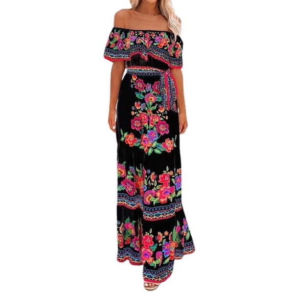 Bibifish Womens Dresses Ethnic Style Off Shoulder Red Floral Printed Long Maxi Dresses Breathable Flowy Swing Dresses Elegant Travel Outfits