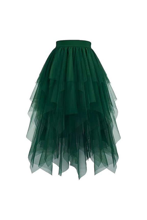 Womens Dresses High Waist Lined Irregular Mesh Tulle Skirts Solid Color Sheer Party Wear Overlay Ruffle Hem Midi Skirts