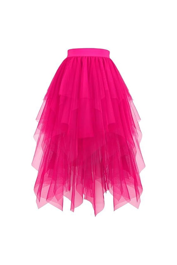 Womens Dresses High Waist Lined Irregular Mesh Tulle Skirts Solid Color Sheer Party Wear Overlay Ruffle Hem Midi Skirts