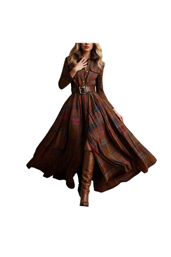 Womens Dresses Retro Plaid Tartan Long Dresses Classic Long Sleeve Ruffle Trim A-Line Country Style Midi Dresses