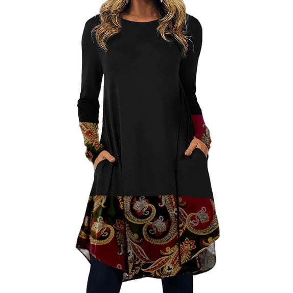 Bibifish Womens Dresses Western Ethnic Boho Dresses Irregular Hem Long Sleeve Midi Dresses With Pockets Flowy A Line Printed Dresses With Pockets