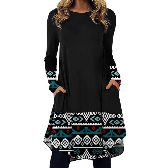 Bibifish Womens Dresses Western Ethnic Boho Dresses Irregular Hem Long Sleeve Midi Dresses With Pockets Flowy A Line Printed Dresses With Pockets