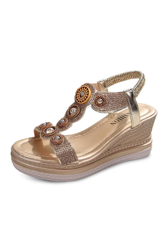 Womens Espadrille Wedge Boho Airy Laid-Back Open Toe Elastic Slingback Soft Foam Platform Rhinestone Wedge Summer Beach Resort Sandals