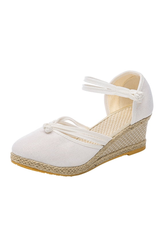 Womens Espadrille Wedge Closed Square Toe Ankle Knotted Linen Jute Sole Sandals Light Vintage Bohemian Summer Vacation Sandals