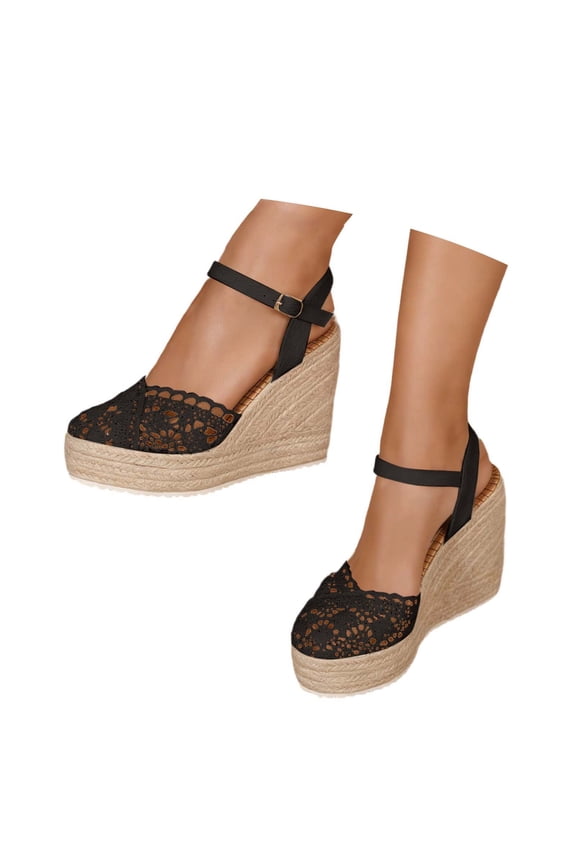 Womens Espadrille Wedge Sandals Closed Toe Lace Crochet Ankle Soft Platform Sandals Boho Style Feminine Glam Dressy Sandals