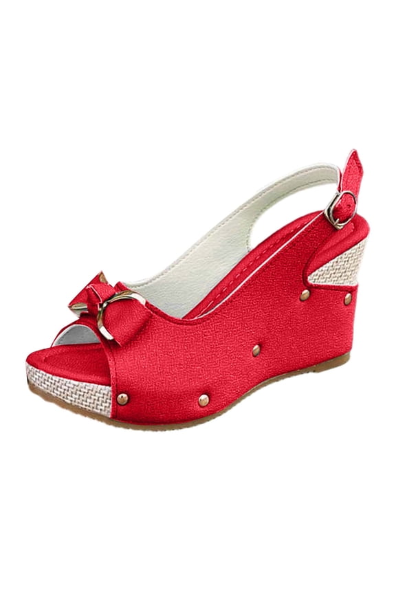 Womens Espadrille Wedge Sandals Retro Rivet Bow Decor Ankle Buckle Ladies Sandals Summer Resort Vacation Casual Sandals