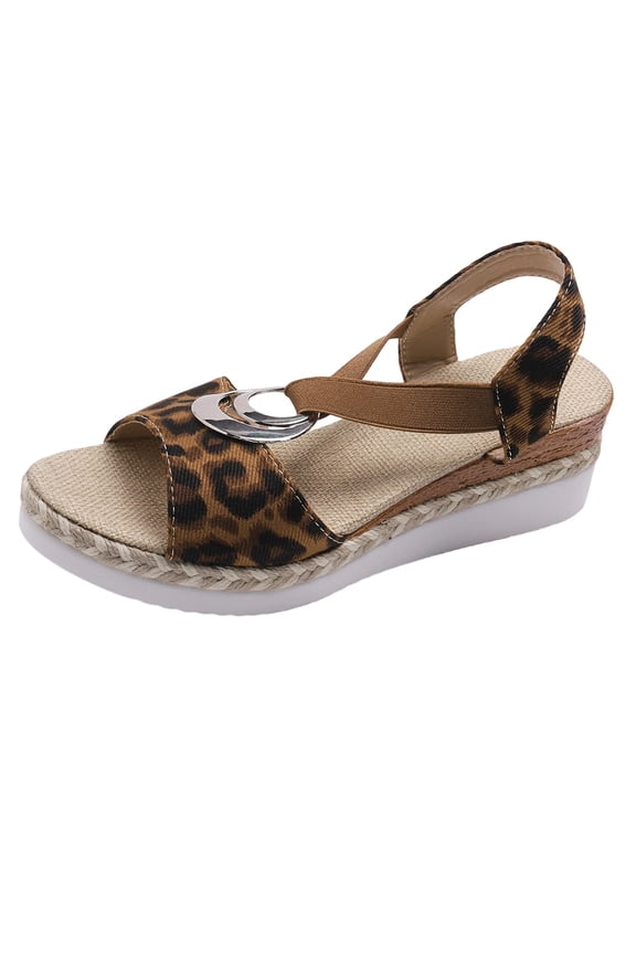 Womens Espadrille Wedge Trendy Streamlined Stitched Open Toe Elastic Slingback Footbed Leopard Print Espadrille Wedge Summer Daily Sandals