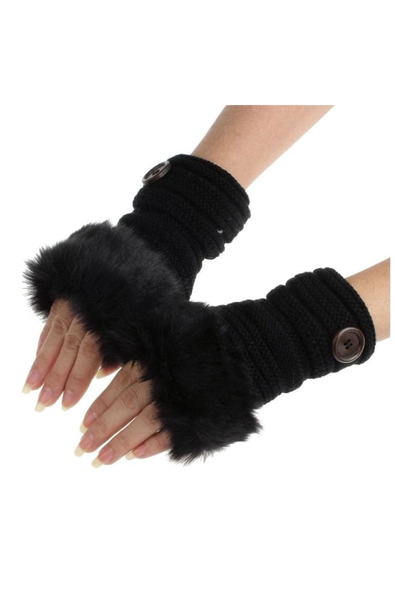 Womens Fingerless Gloves Trendy Plush Trim Knitted Gloves With Button Design Fall Winter Comfy Daily Wear Outdoor Activities Gloves