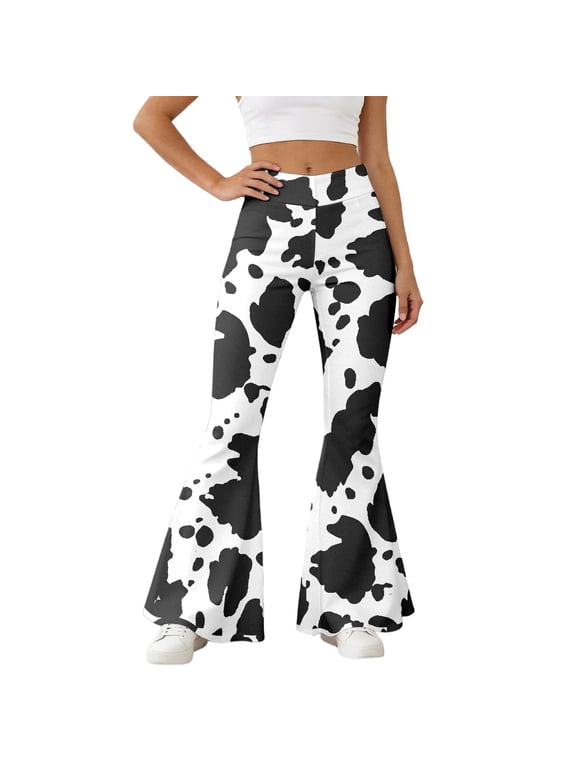 Womens Flare Bell Bottom Pants High Waisted Stretchy Cow Print Casual Bell Bottom Pants With Pockets