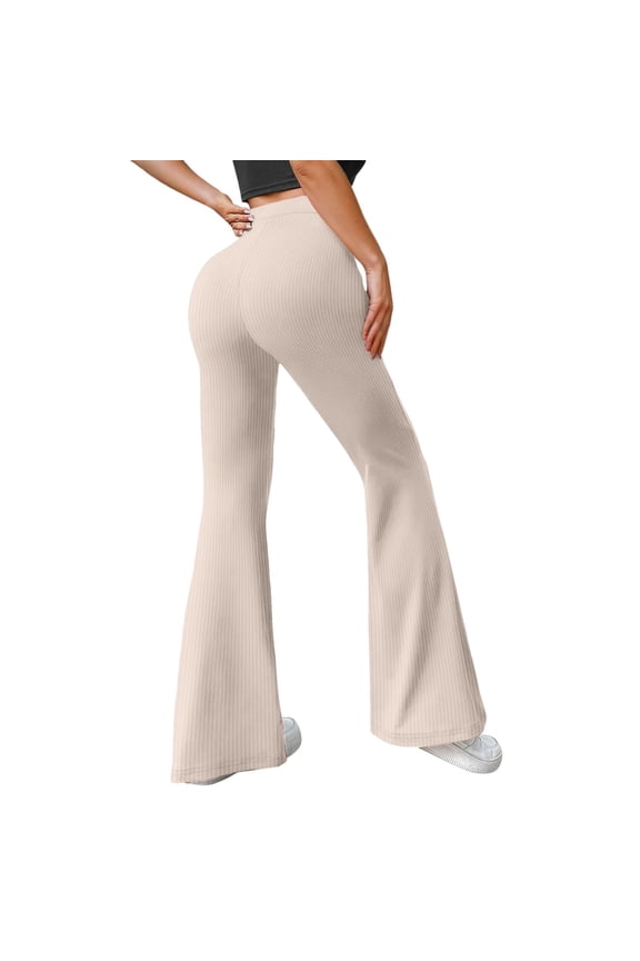 Womens Flared Pants Elastic Waist Full Length Slim Fit Vertical Ribbed Pattern Side Pockets Stretchy DetailCasual Daily Outings Yoga Pants