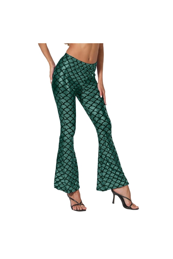 Womens Flared Pants Fish Scale Print High Waist Shiny Texture Slim Fit Pants Playful Pattern Parties Summer Events Cute Stylish Trousers