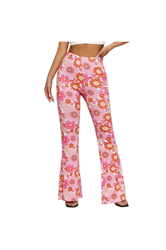 Womens Flared Pants Floral Print High Waist Side Pockets Slim Fit Vibrant Pattern Casual Music Festivals Summer Outings Colorful Pants