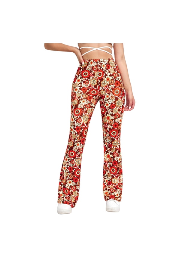 Womens Flared Pants Floral Print High Waist Side Pockets Slim Fit Vibrant Pattern Casual Music Festivals Summer Outings Colorful Pants
