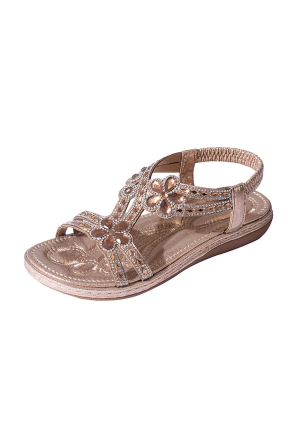Womens Flat Sandals Glam Sparkly Rhinestone T-Strap Elastic Slingback Open Toe Flat Sandals Summer Resort Walking Casual Sandals