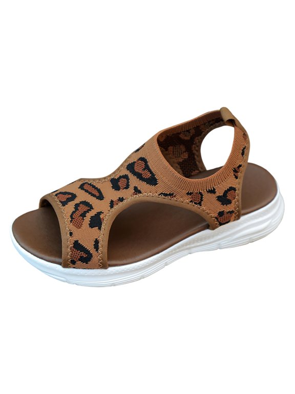 Womens Flat Sandals Summer Open Toe Leopard Print Knit Hollow Elastic Plush Slingback Soft Cushion Insole Trendy Daily Sandals