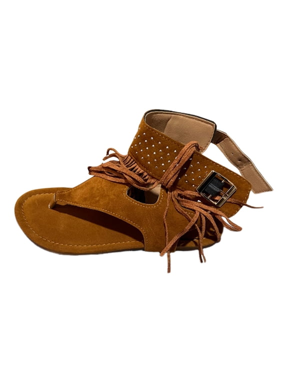 Womens Flat Sandals Western Ankle Buckle Fringe Thong Flat Sandals Ladies Summer Everyday Street Casual Wear Flat Sandals
